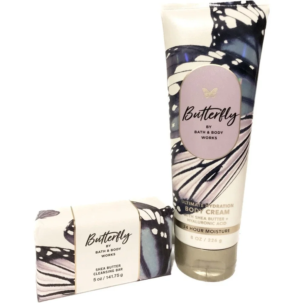 Bath & Body Works Butterfly Body Cream & Shea Butter Cleansing Bar Soap Set
